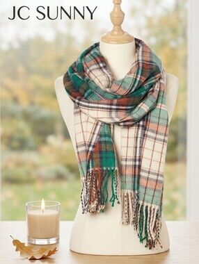 JC SUNNY Green Plaid Cashmere Blend Blanket Scarf with Fringe